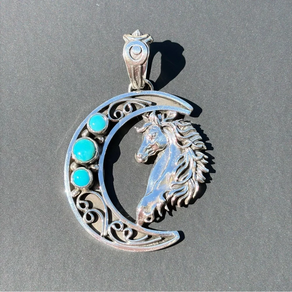 Jennifer Cayaditto Signed Sterling Silver Triple Turquoise Moon & Horse Pendant